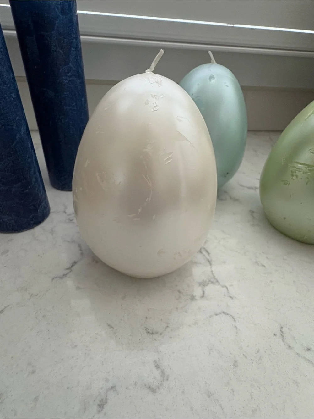 Pottery Barn Set of 3 Metallic Egg Candles - Pearl, Mint & Pale Blue